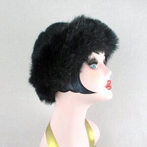 Faux Fur Black Winter Hat Acrylic Knit Vintage 1970s